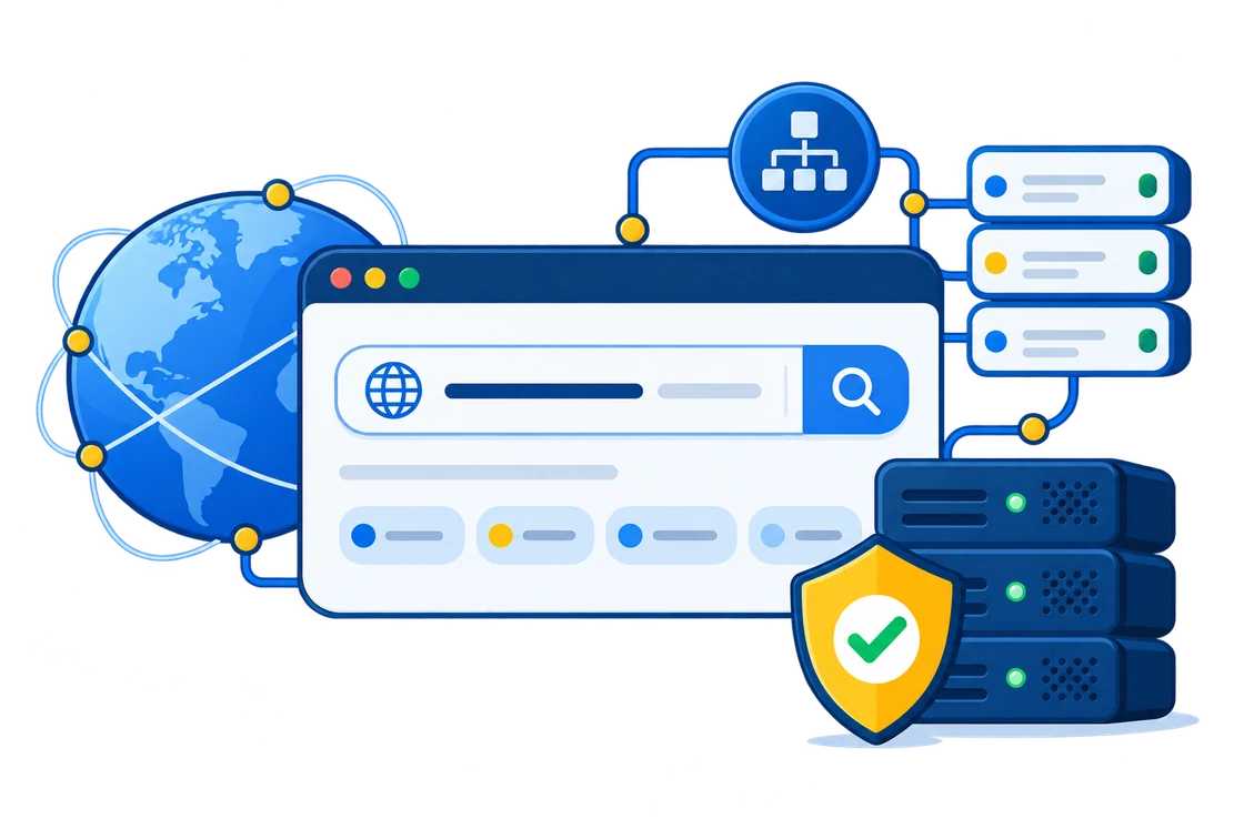 Domain name search, registration, DNS and website connection illustration