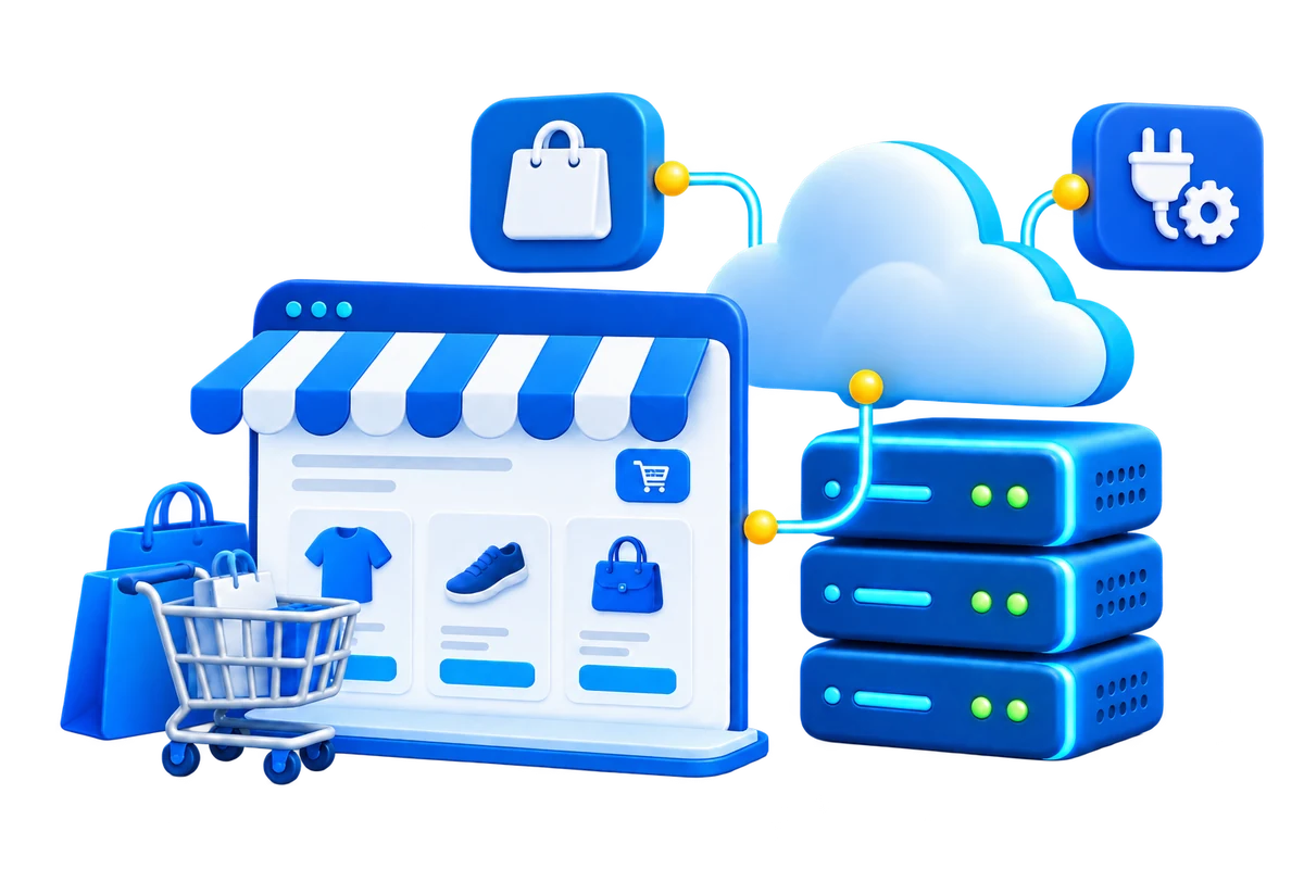 Online storefront connected to cloud servers for WooCommerce hosting