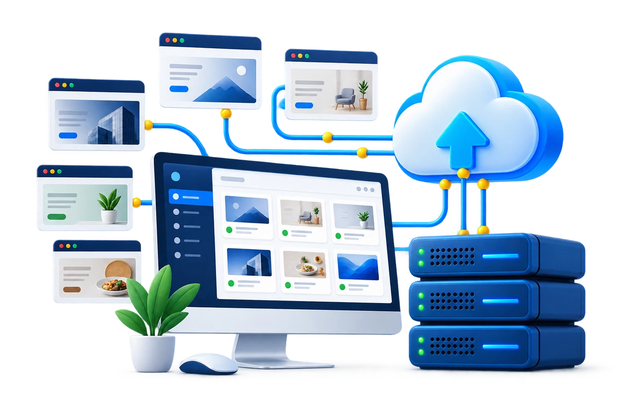 Agency dashboard managing several client websites on cloud hosting