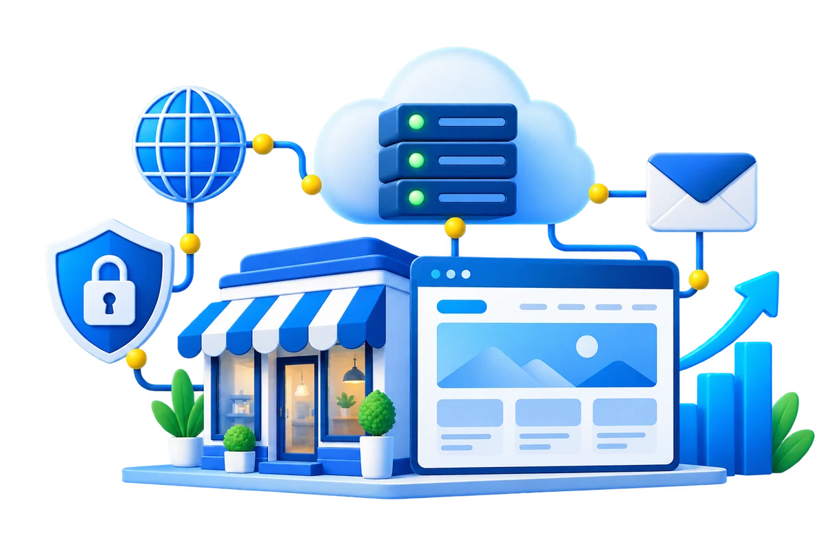 Small business website connected to domain, email and cloud hosting services