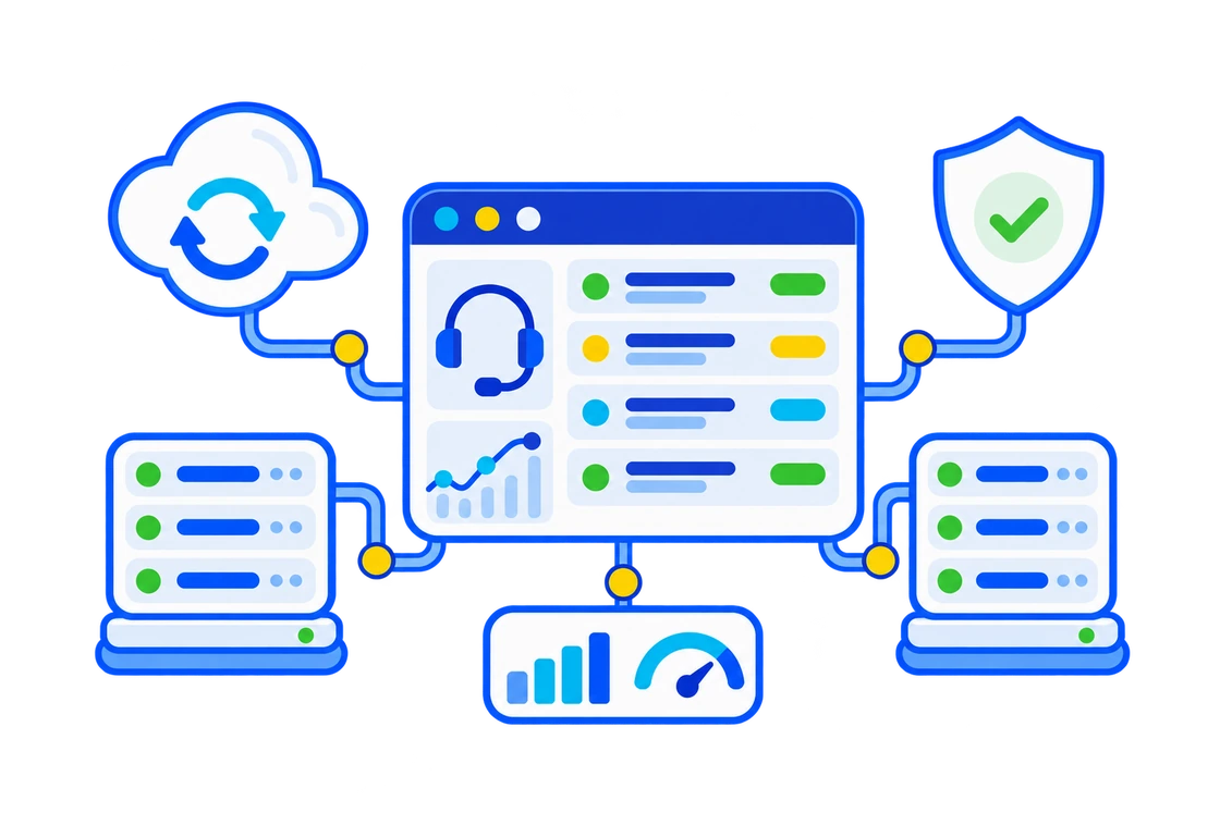White-label hosting support dashboard with tickets, server health, backups and security controls