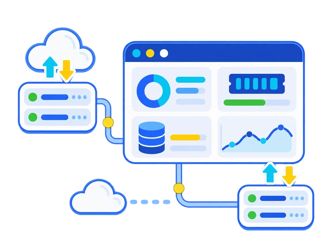 VPS management dashboard monitoring compute, memory, storage, traffic and server scaling
